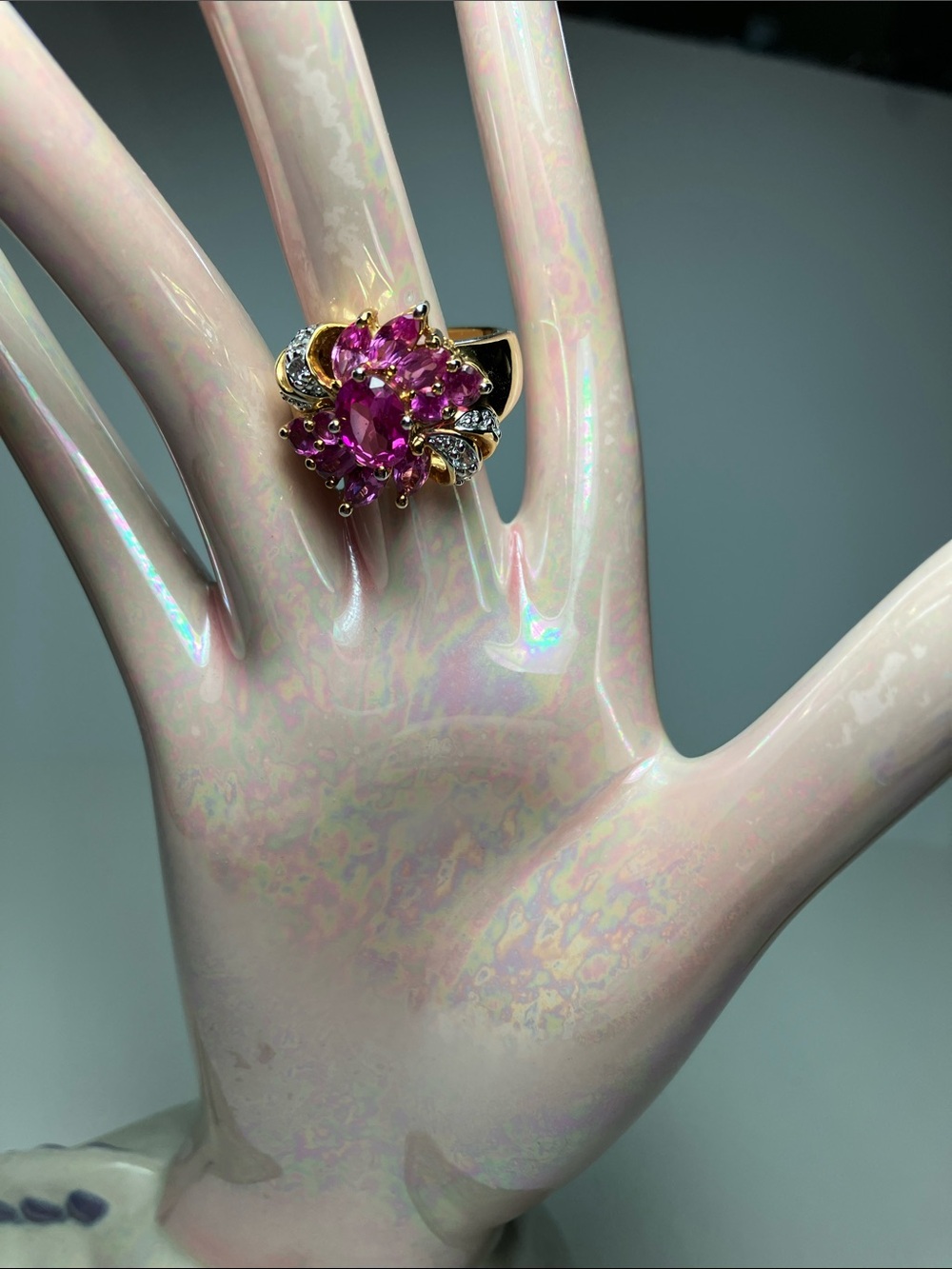 Technibond Ring Created Pink & White Sapphires 18k over 925 Sterling Silver